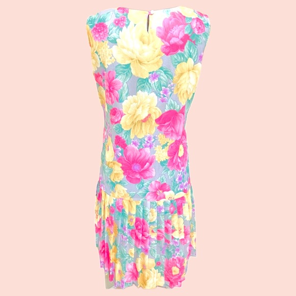 Vintage pleated dropwaist dress midi floral hippie flower power 60s 70s 80s VTG - Picture 2 of 14